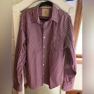Hollister Mens Size X-Large Button Up Long Sleeve Dress Shirt Maroon Blue Stripe